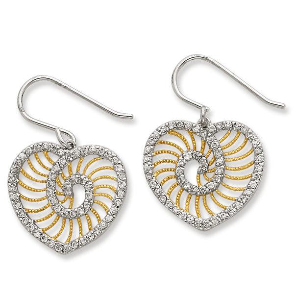 Sterling Silver CZ Swirl Heart w- Gold-Plated Lines Dangle Earrings