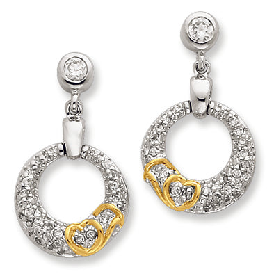 Sterling Silver CZ Open Circle with Gold-Plated Hearts Post Dangle Earrings