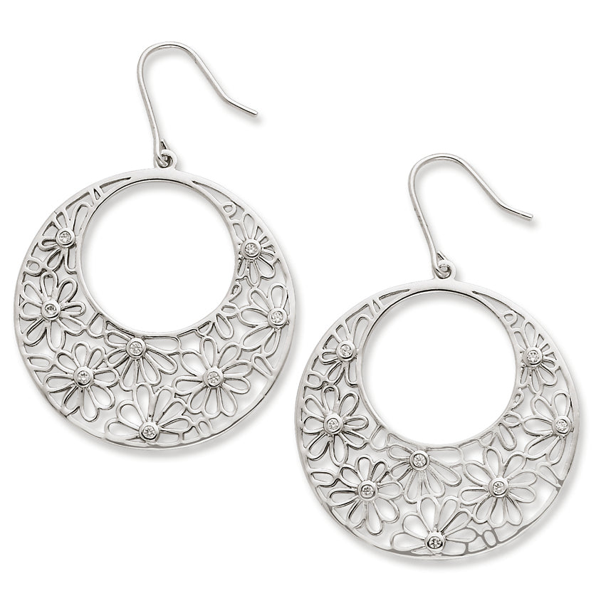 Sterling Silver Cut out Flowers and CZ Circle Dangle Earrings