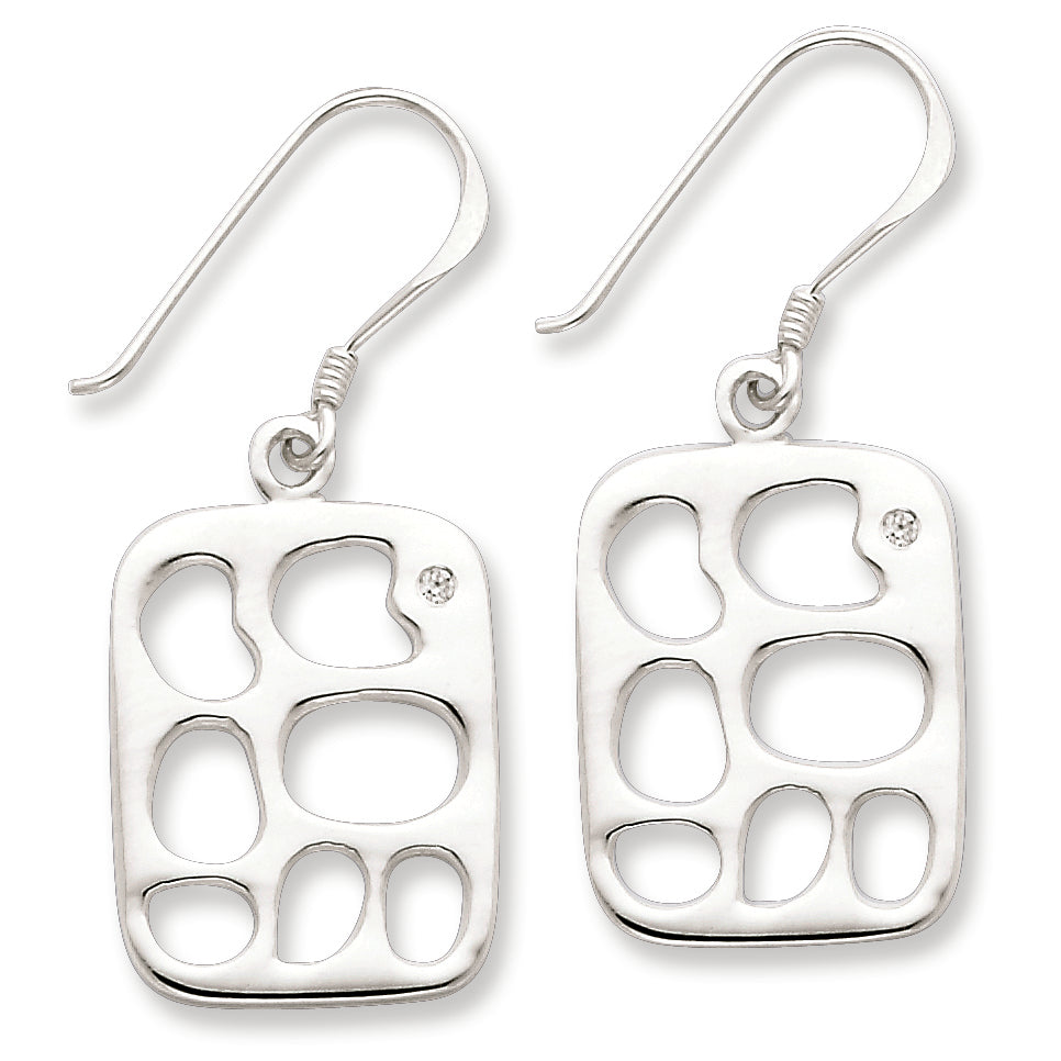 Sterling Silver & CZ Polished Fancy Dog Tag Dangle Earrings