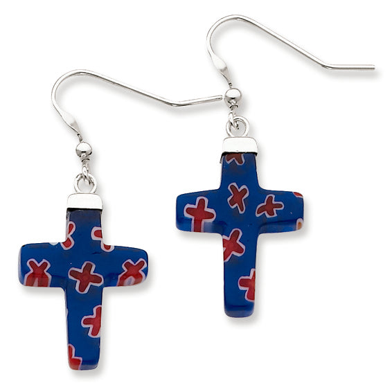 Sterling Silver Blue & Red Glass Polished Cross Dangle Earrings