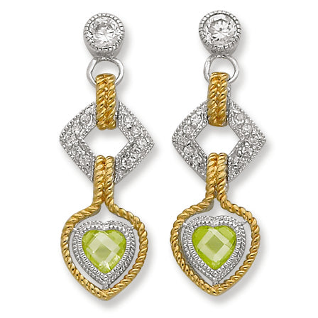 Sterling Silver Clear & Green CZ w-Gold-plating Post Dangle Earrings