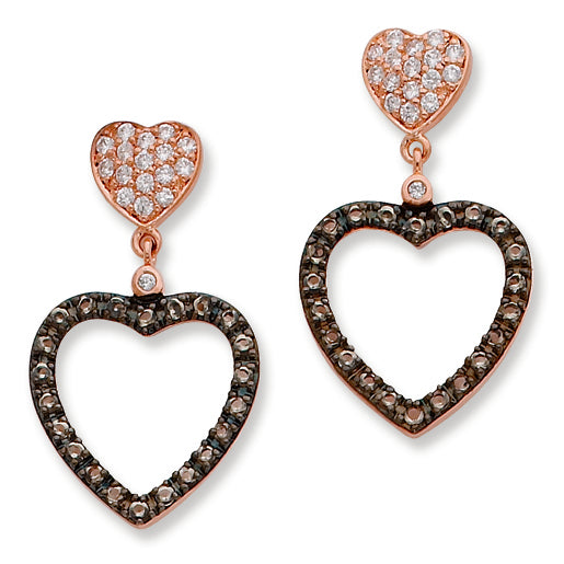 Sterling Silver Clear and Black CZ Hearts Post Dangle Earrings