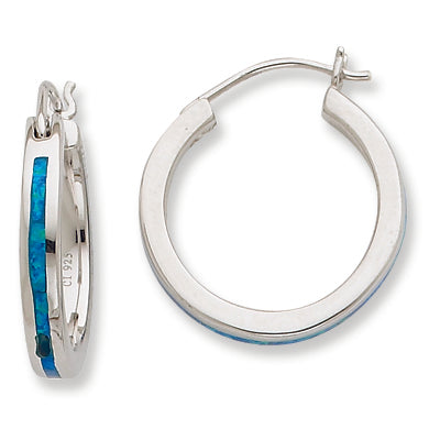 Sterling Silver Created Blue Opal Inlay Hoop Earrings