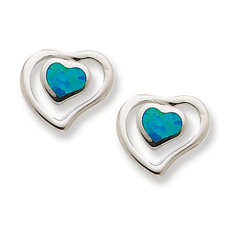 Sterling Silver Created Blue Opal Inlay Center Heart Post Earrings