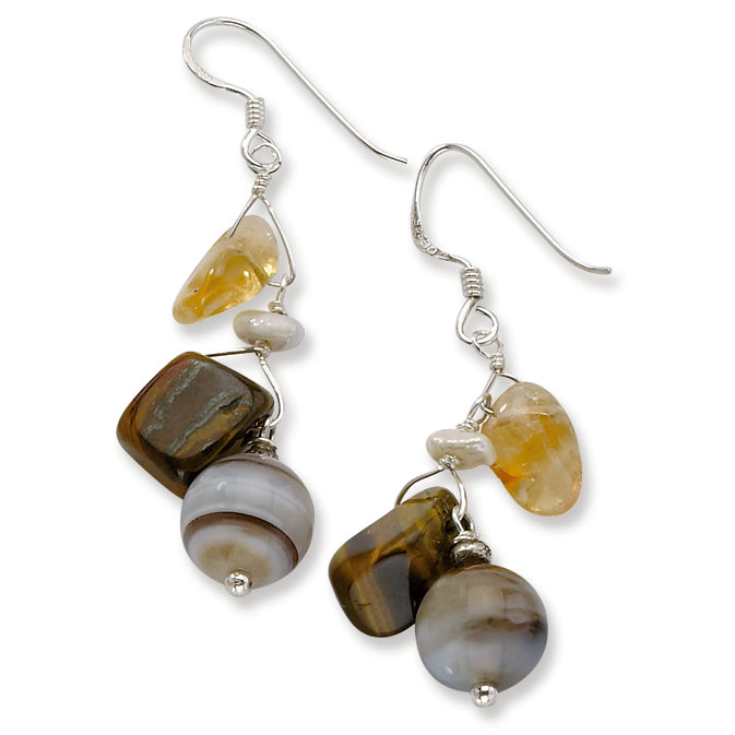 Sterling Silver Citrine-FW Cultured Pearl-Sardonyx & Tigers Eye Earrings