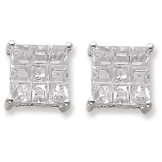 Sterling Silver 10mm Square CZ Basket Set Stud Earrings