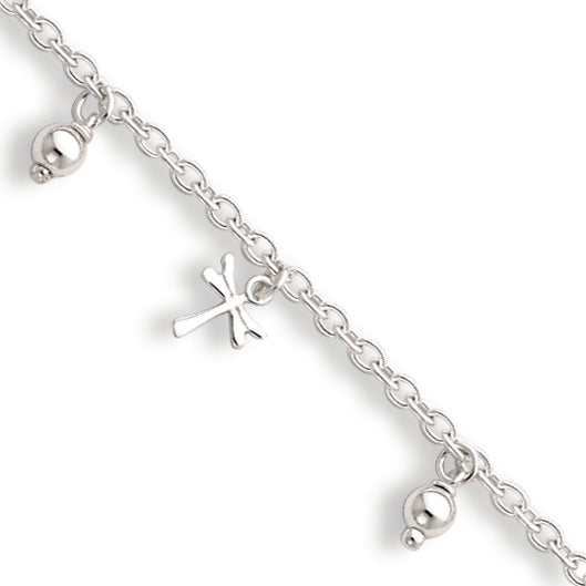 Sterling Silver Polished Dragonfly & Bead with 1in ext. Anklet