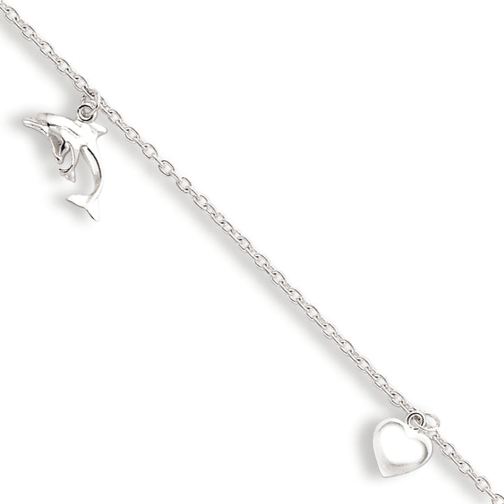 Sterling Silver Polished Heart, Star & Dolphin Anklet