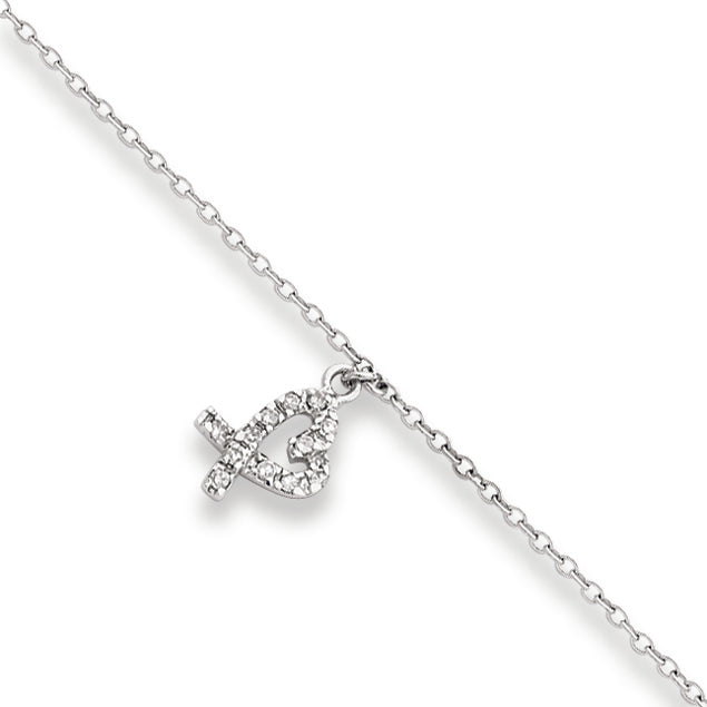 Sterling Silver 10 +1in ext Hanging CZ Heart Anklet