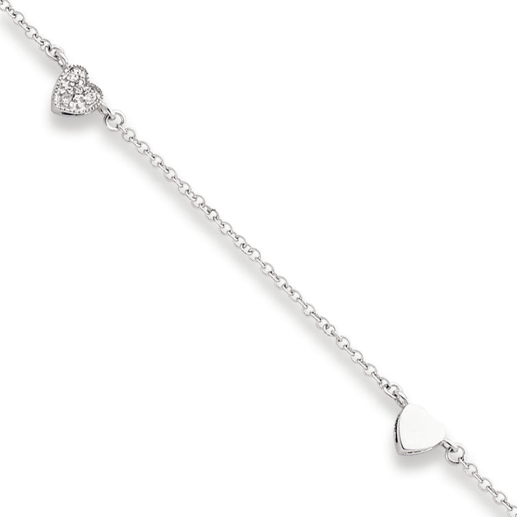 Sterling Silver 9 + 1in ext Polished & CZ Hearts Anklet