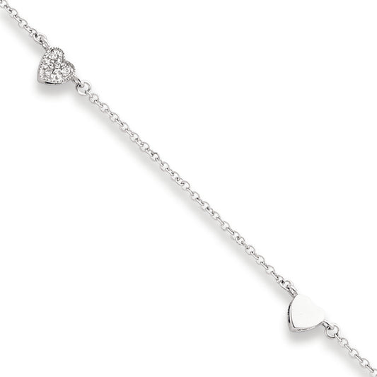 Sterling Silver 9 + 1in ext Polished & CZ Hearts Anklet