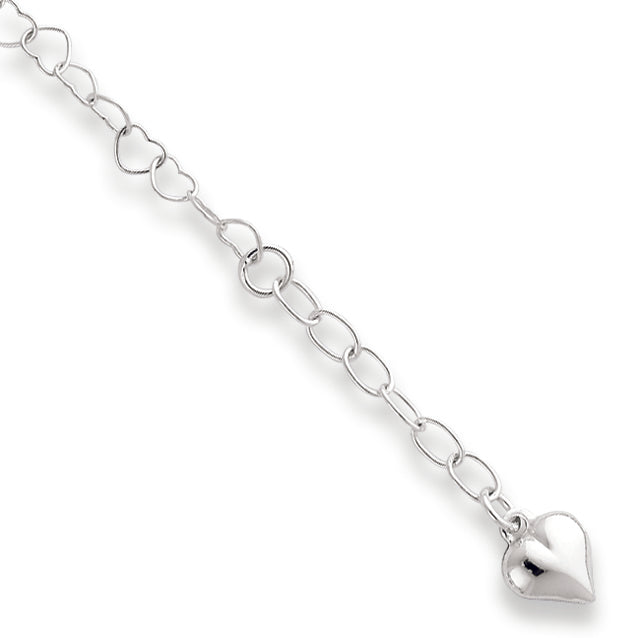 Sterling Silver Polished Puffed Heart with 1in ext. Anklet