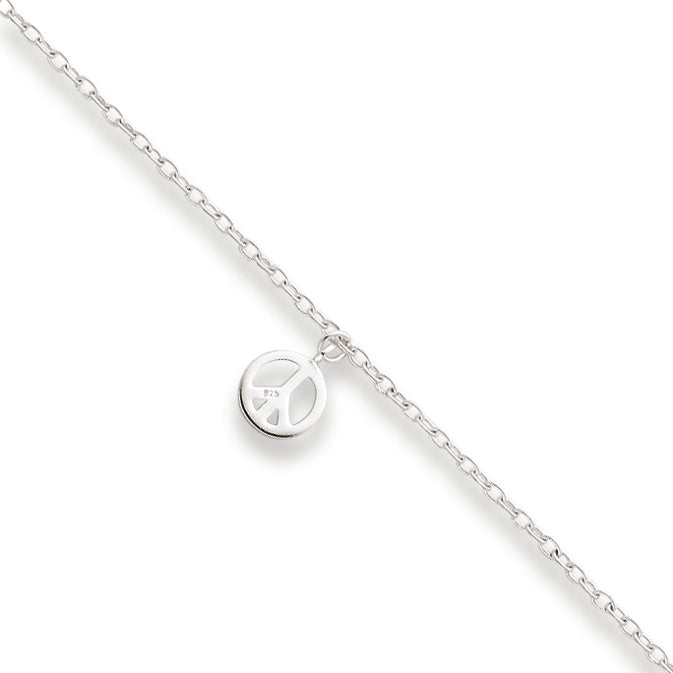 Sterling Silver 9 + 1in ext Polished Peace Symbol Charm Anklet