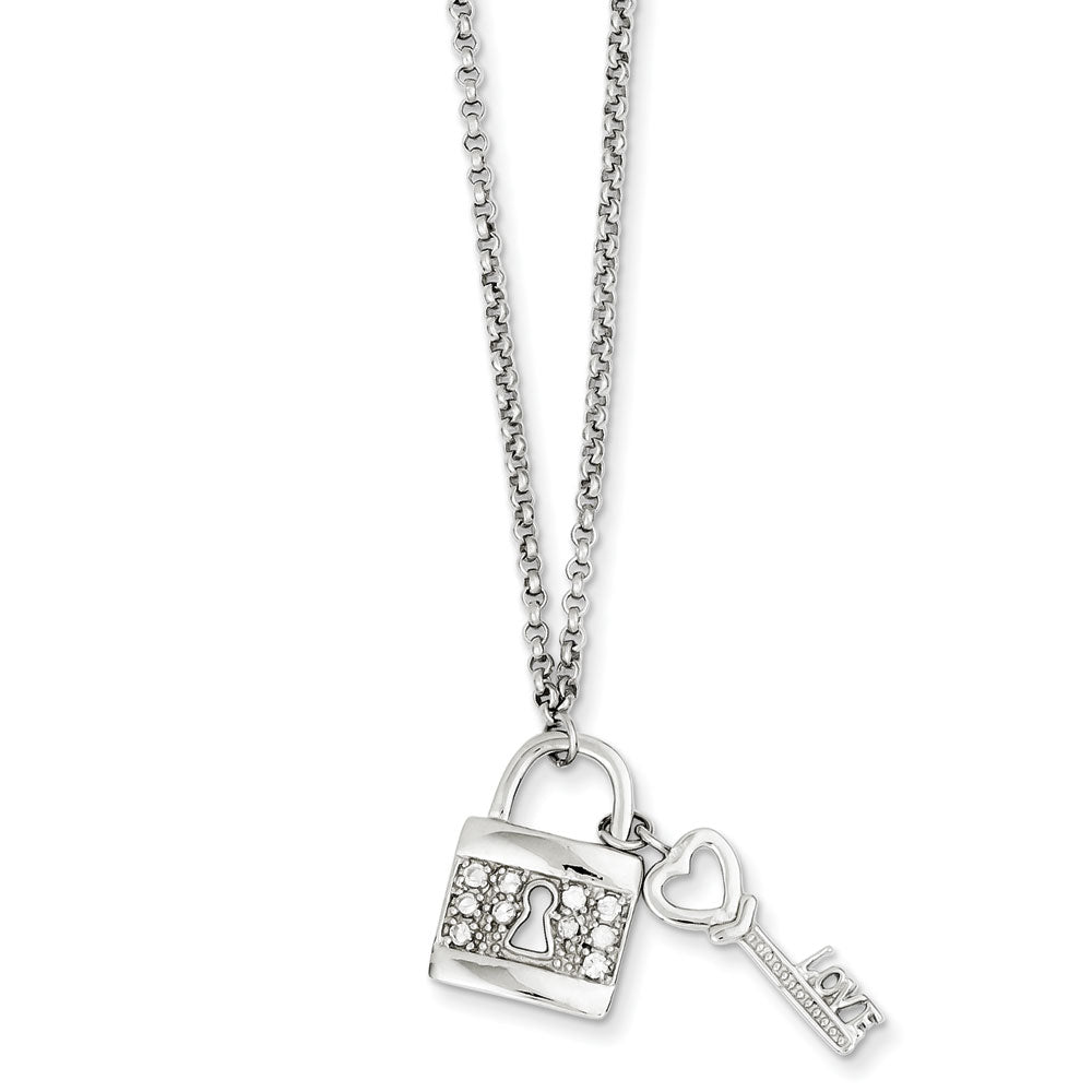 Sterling Silver Love Key w- Hanging Lock & CZ Necklace