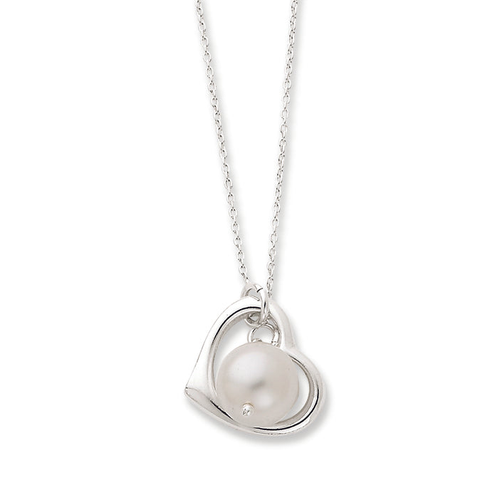 Sterling Silver & Simulated Pearl Polished Heart Necklace