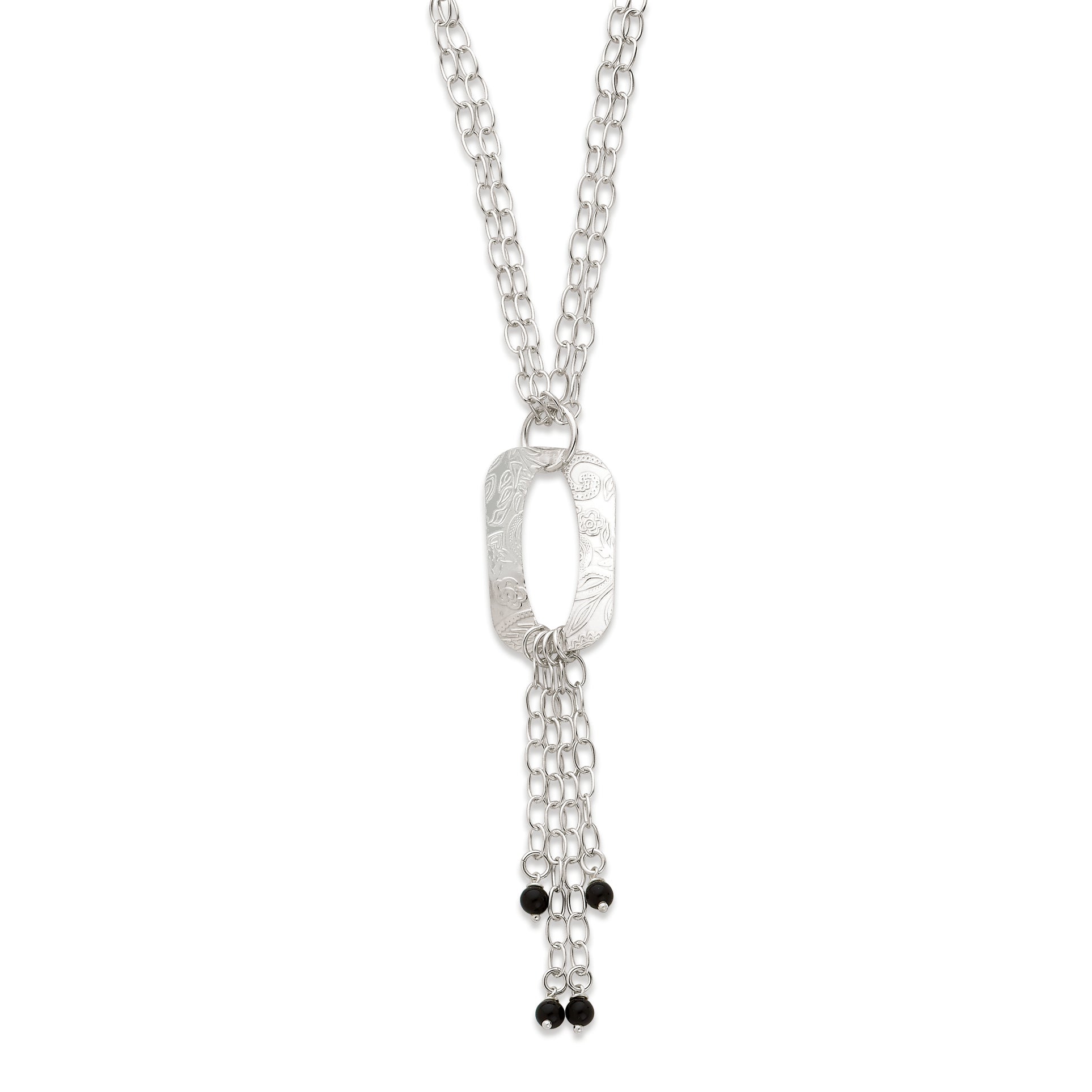 Sterling Silver & Onyx Polished Textured Fancy Drop Necklace