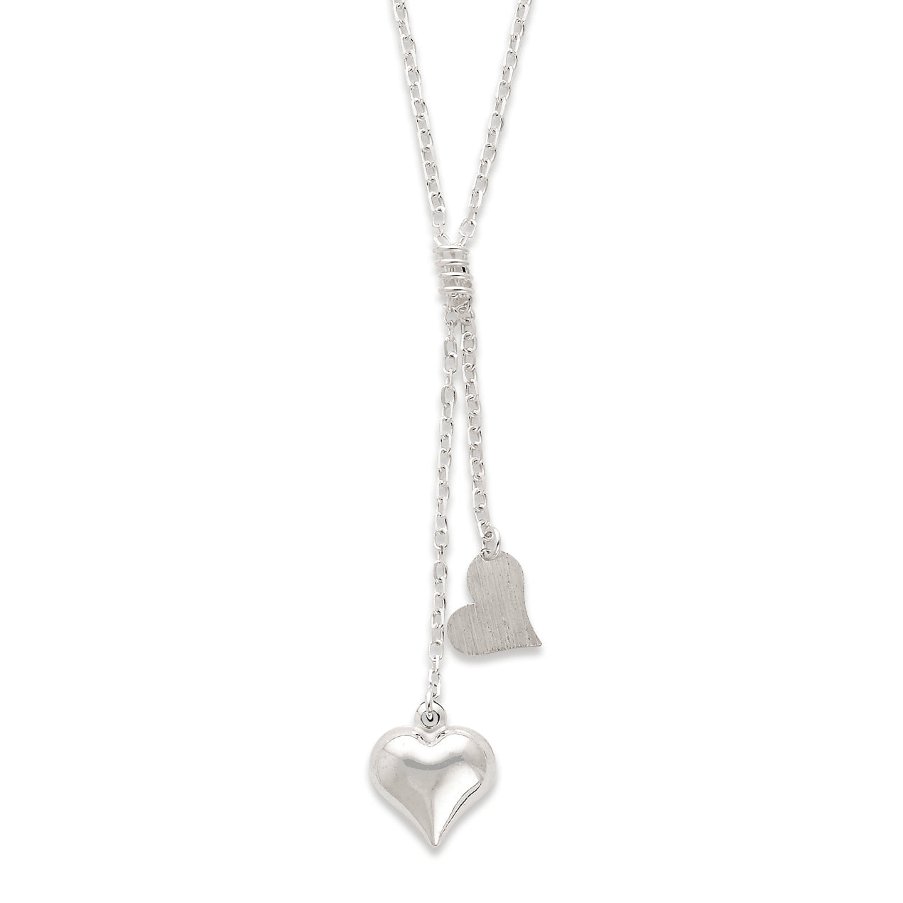 Sterling Silver Polished & Textured Puffed Heart Fancy Drop Necklace