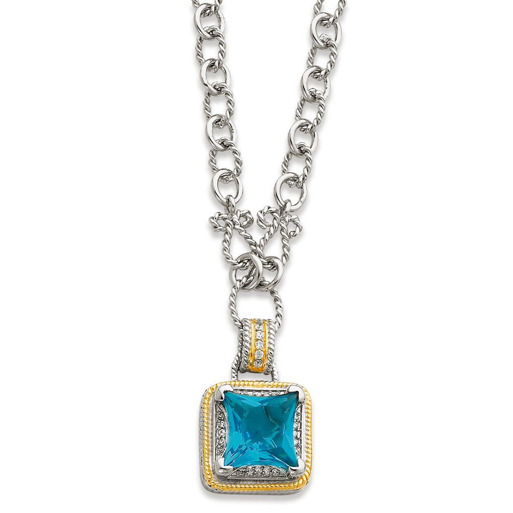 Sterling Silver & Gold-plated Fancy Square Blue CZ Necklace