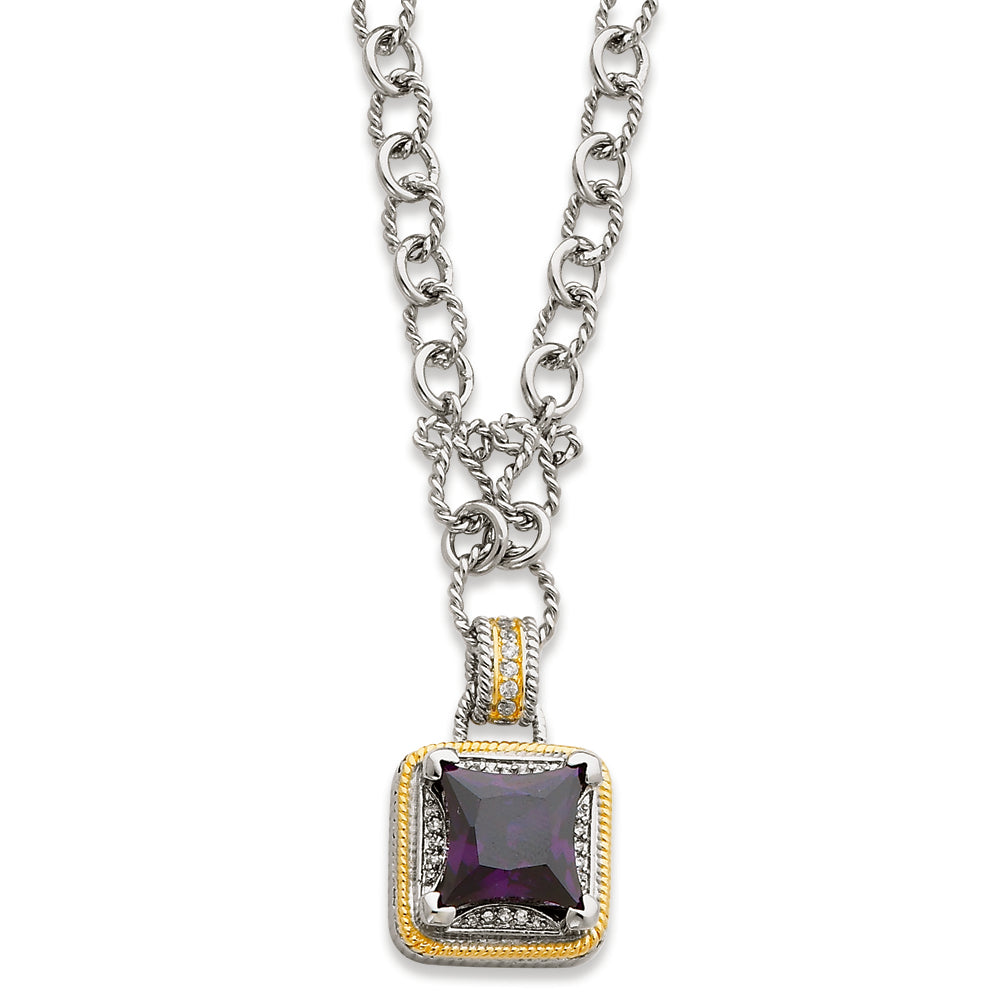 Sterling Silver & Gold-plated Fancy Square Purple CZ Necklace