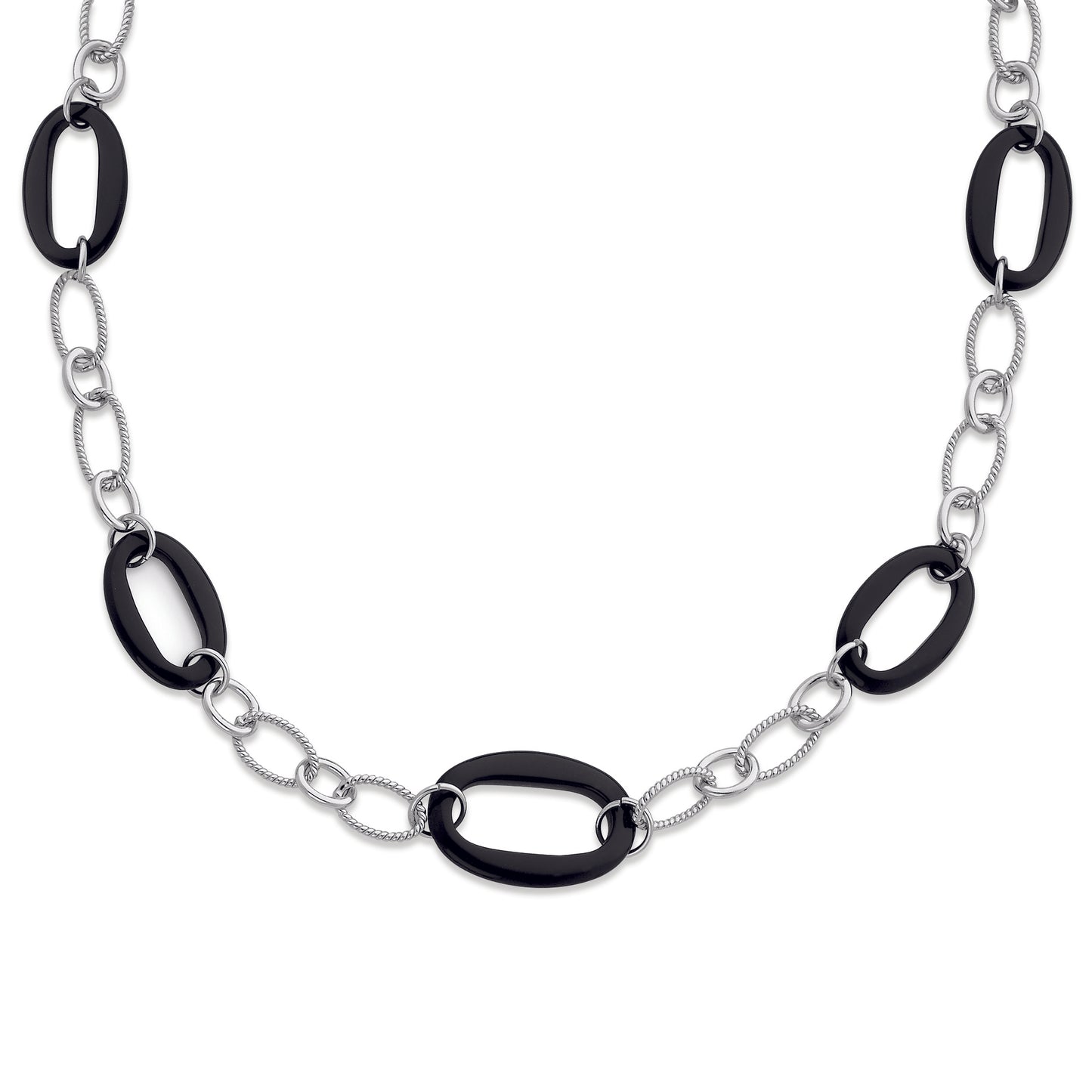 Sterling Silver 20in Black Ovals Heavy Link Necklace