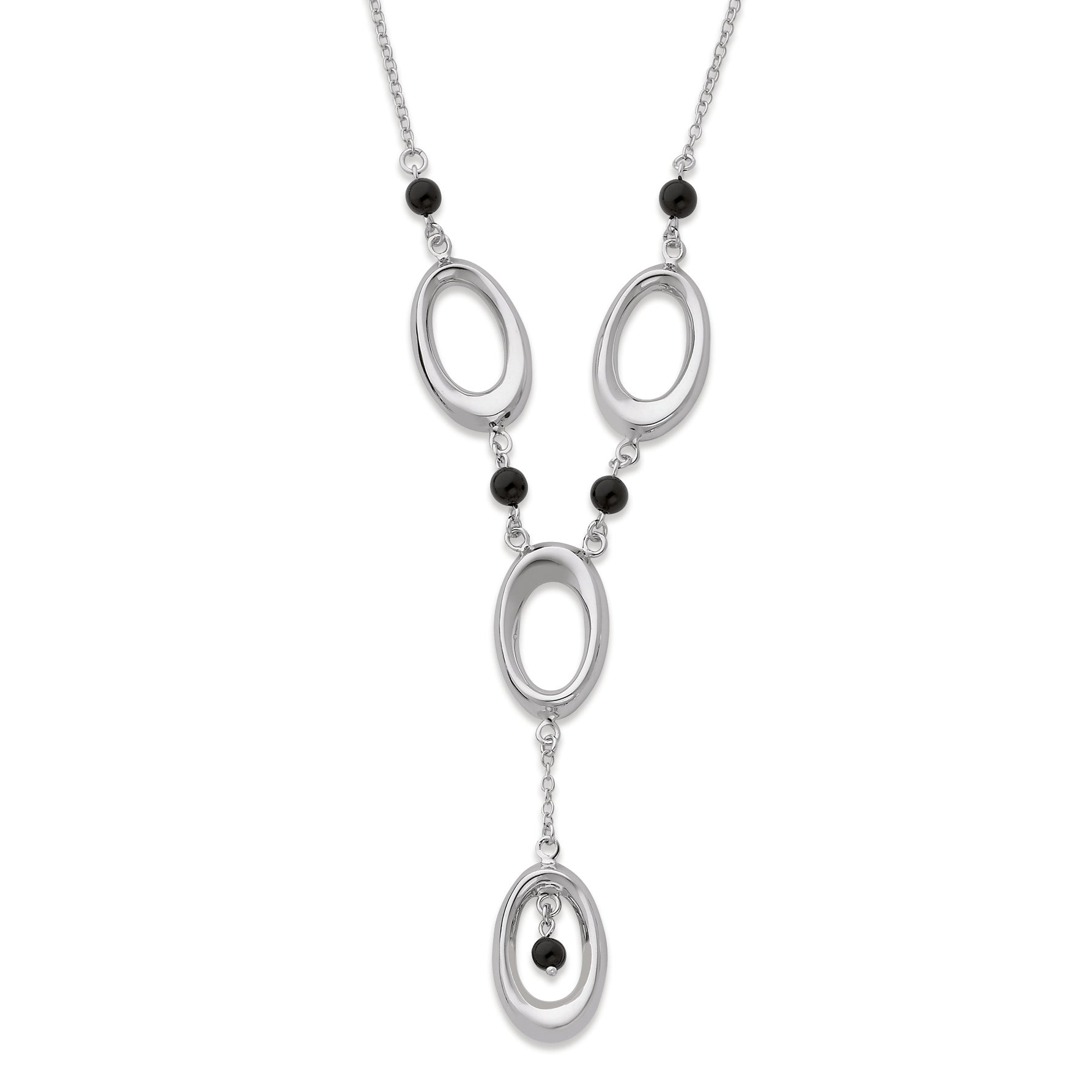 Sterling Silver 17.5in Polished Ovals w- Onyx Beads Necklace