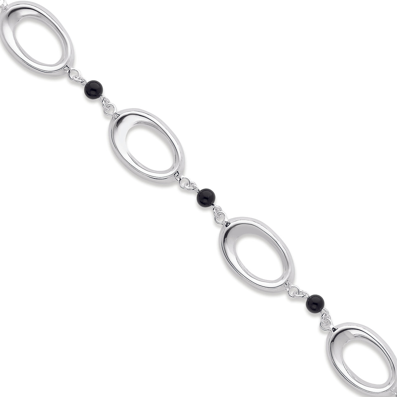 Sterling Silver 7in Polished Ovals w- Onyx Beads Bracelet