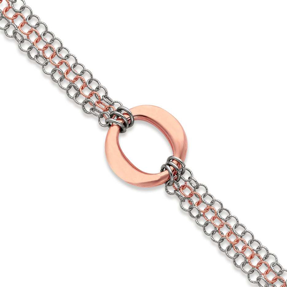 Sterling Silver & Rose Vermeil Multi-Strand w-Center Oval Bracelet