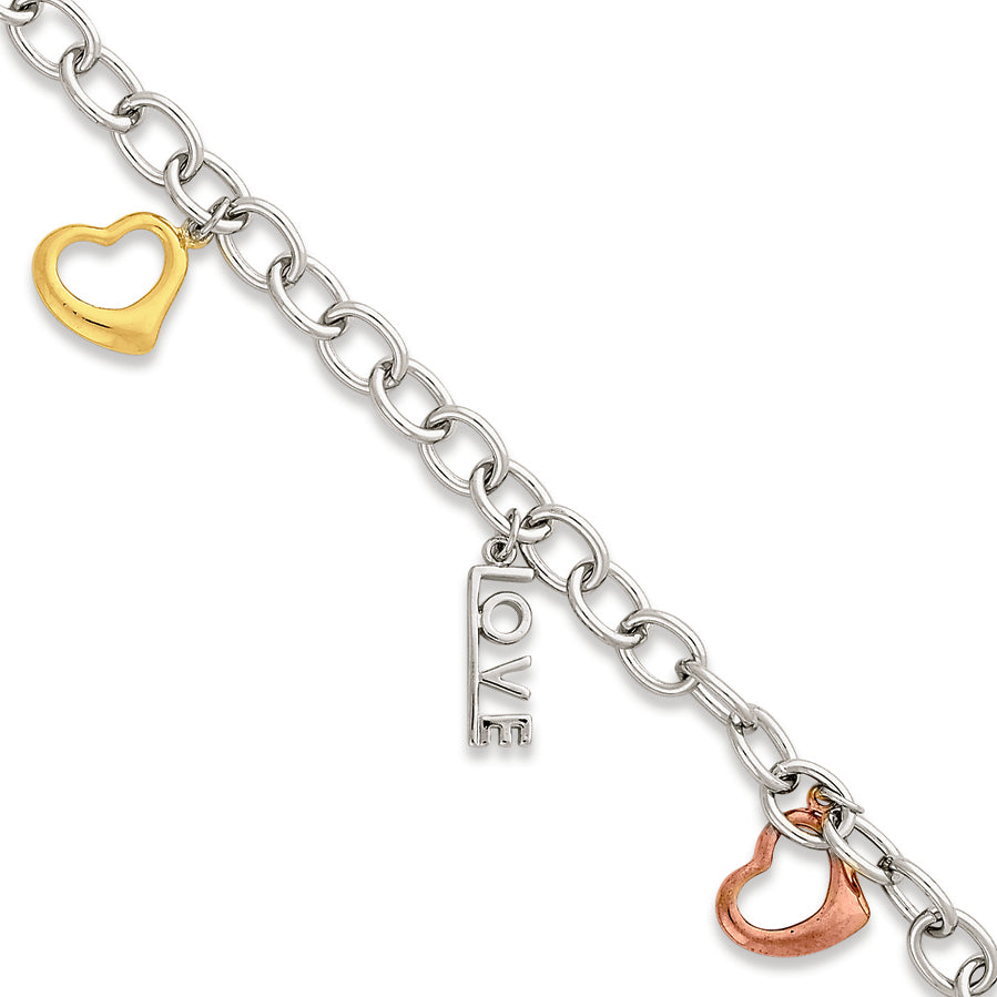 Sterling Silver 7.5in Tri-Color Heart and Love Charm Bracelet
