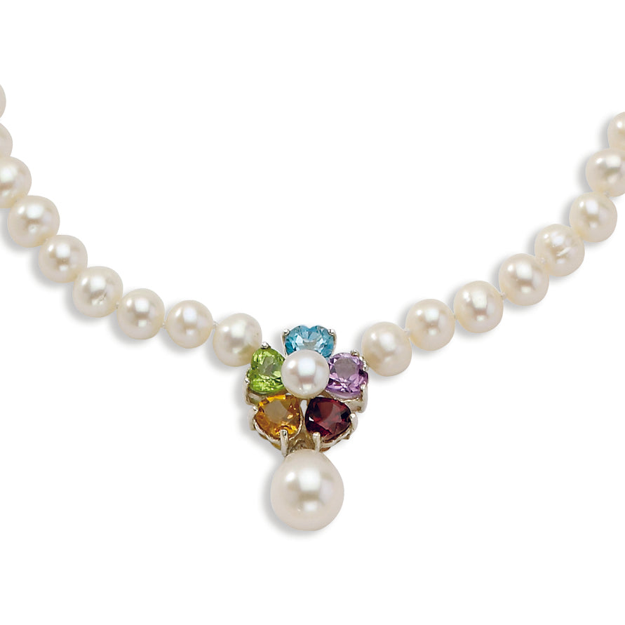 Sterling Silver Flower Gemstone-6-6.5mm FW Cult Pearl Necklace