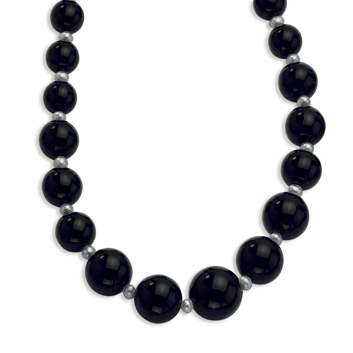 Sterling Silver 8-16mm Graduated Blk Agate-FW Cult Slvr Pearl Necklace