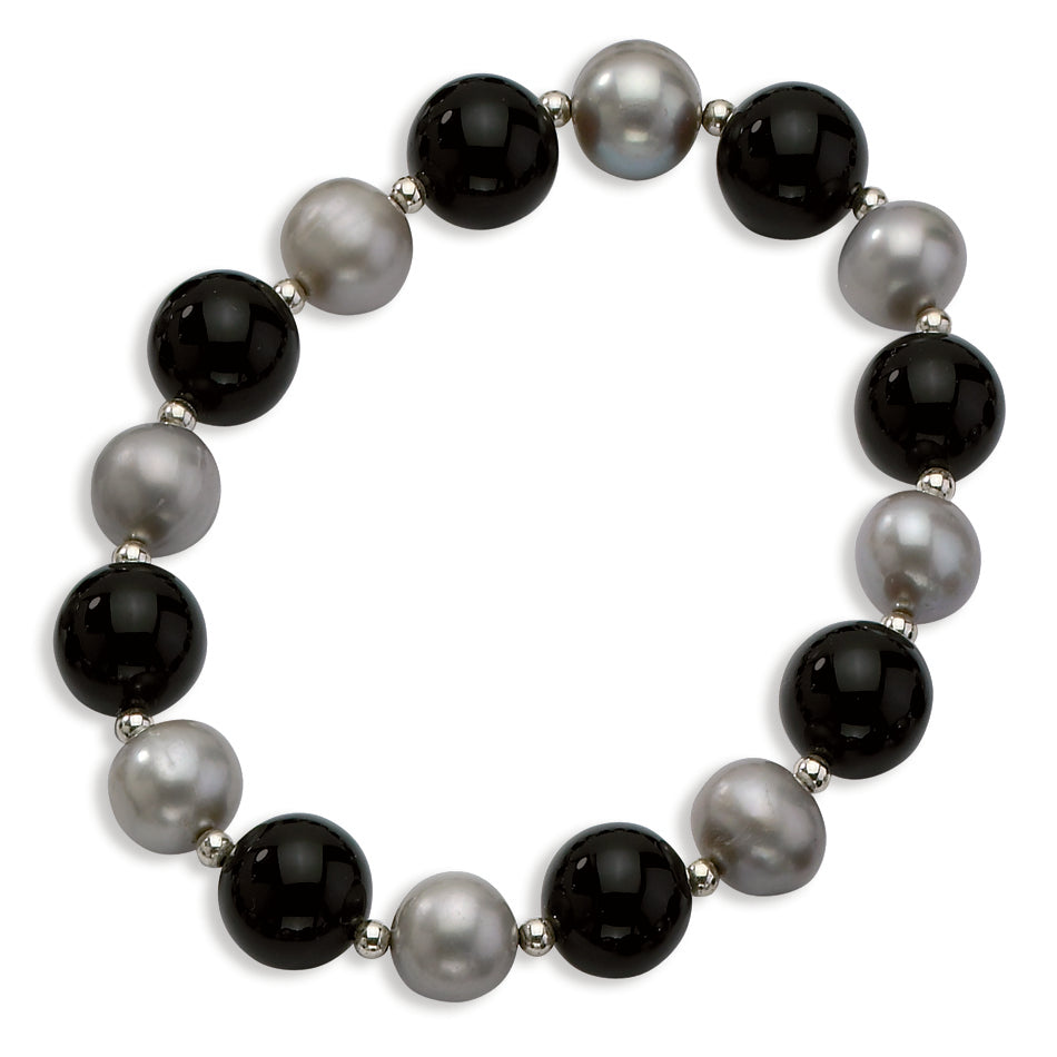 Sterling Silver 12mm Black Agate-10mm FW Cultured Silver Pearl Bracelet