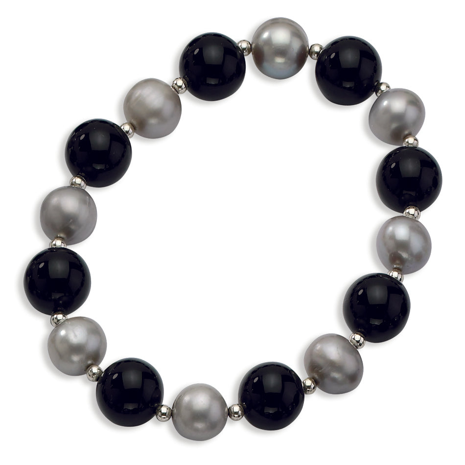 Sterling Silver 12mm Blk Agate-10mm FW Cultured Silver Pearl Necklace