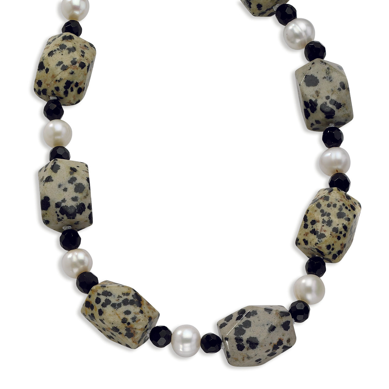 Sterling Silver FW Cultured Pearl-Dalmatian Jasper-Blk Crystal Necklace