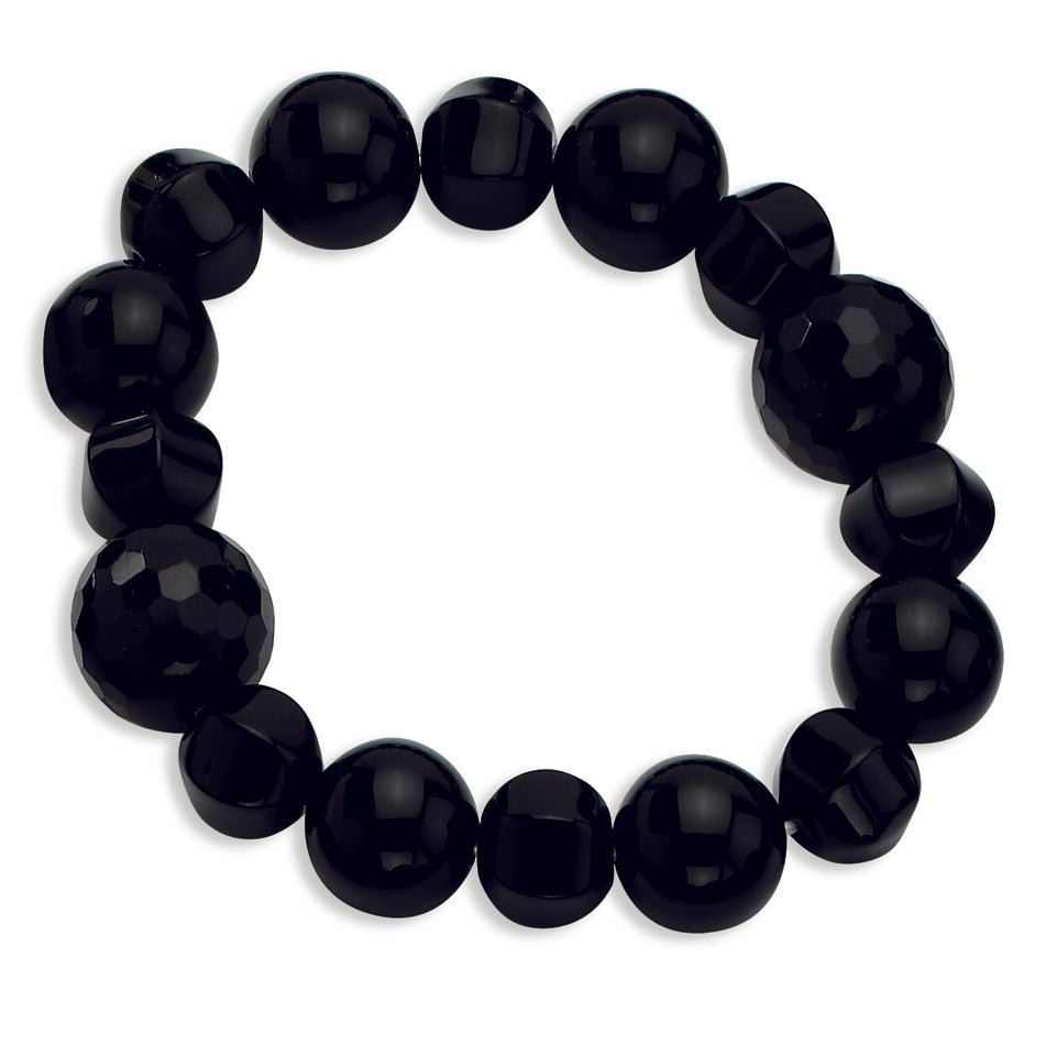 13mm Black Agate & 14 & 16mm Faceted Onyx Stretch Bracelet