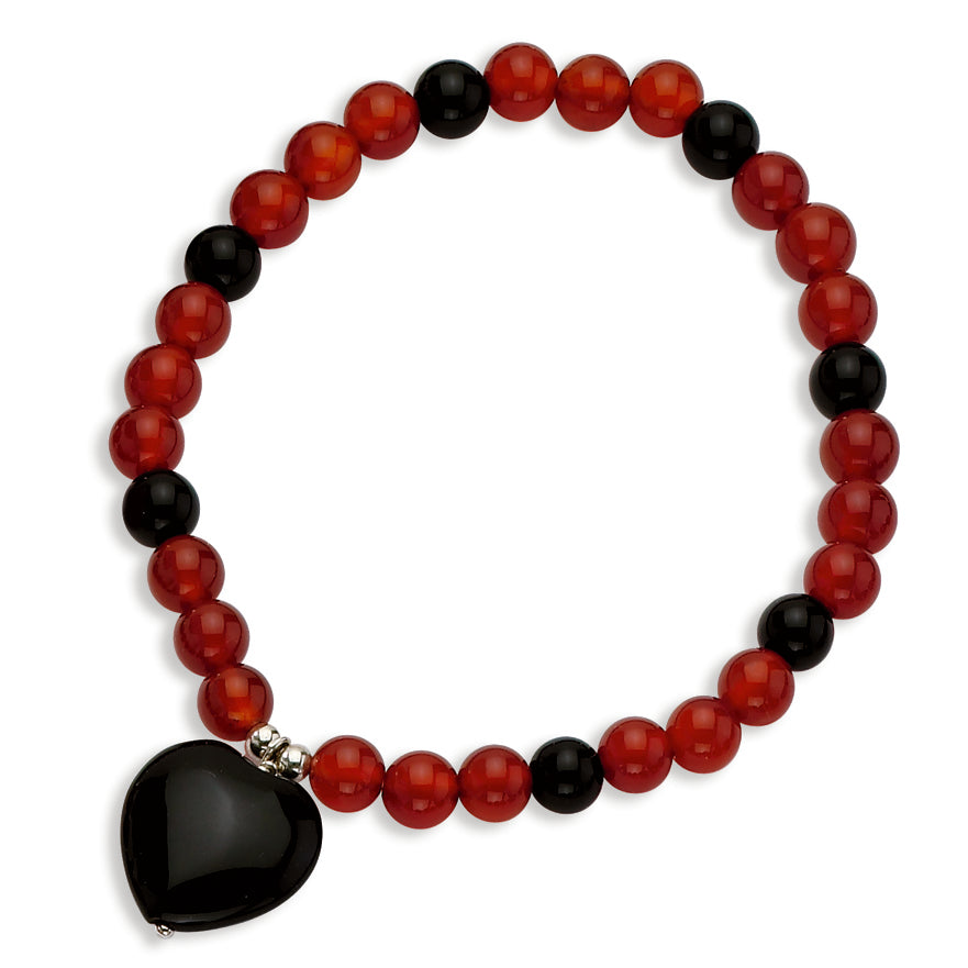 Sterling Silver Black Agate Heart-Red & Blk Agate Beads Stretch Bracelet