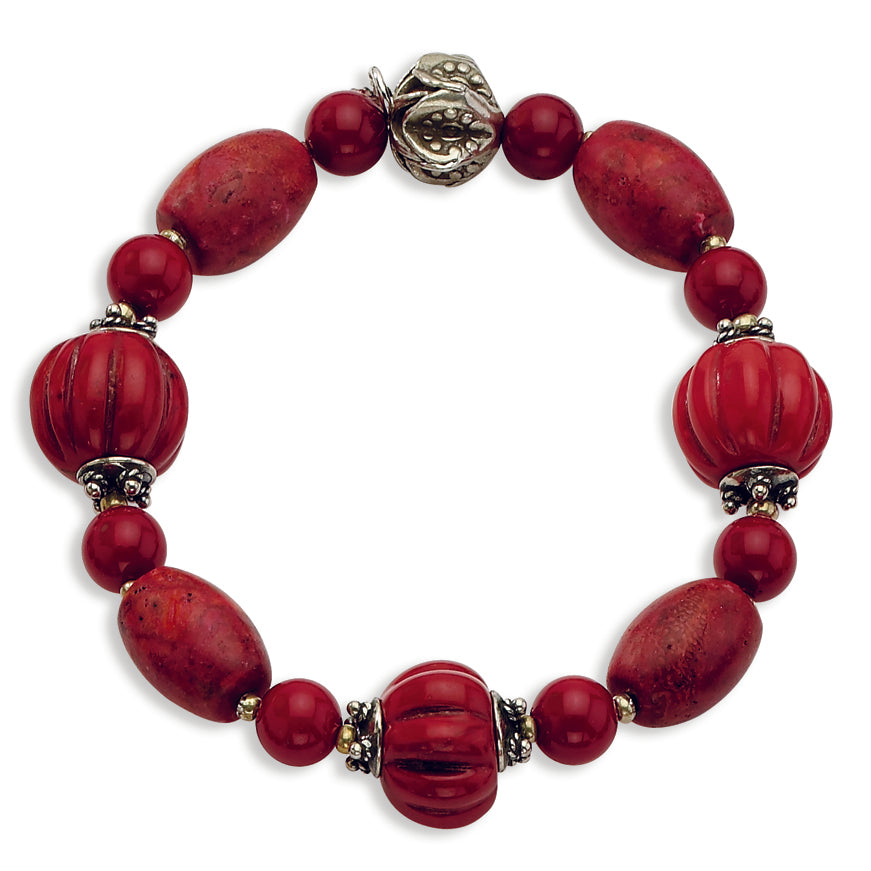 Sterling Silver Antiqued Beads & Red Coral Stretch Bracelet