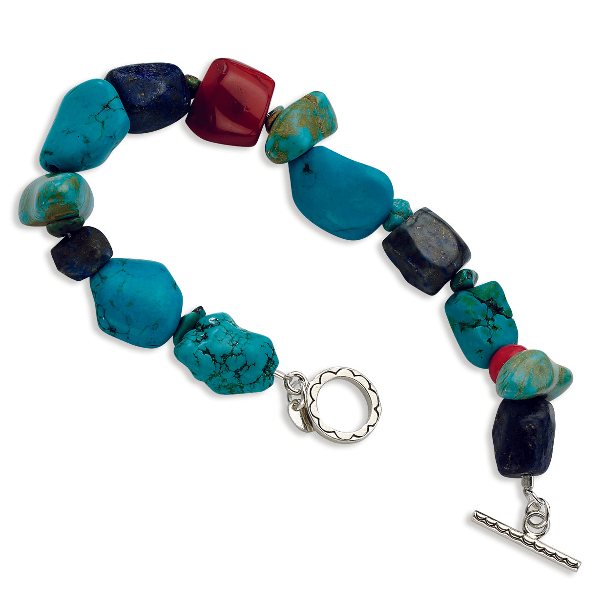 Sterling Silver Red Coral-Howlite-Lapis & Turquoise Bracelet