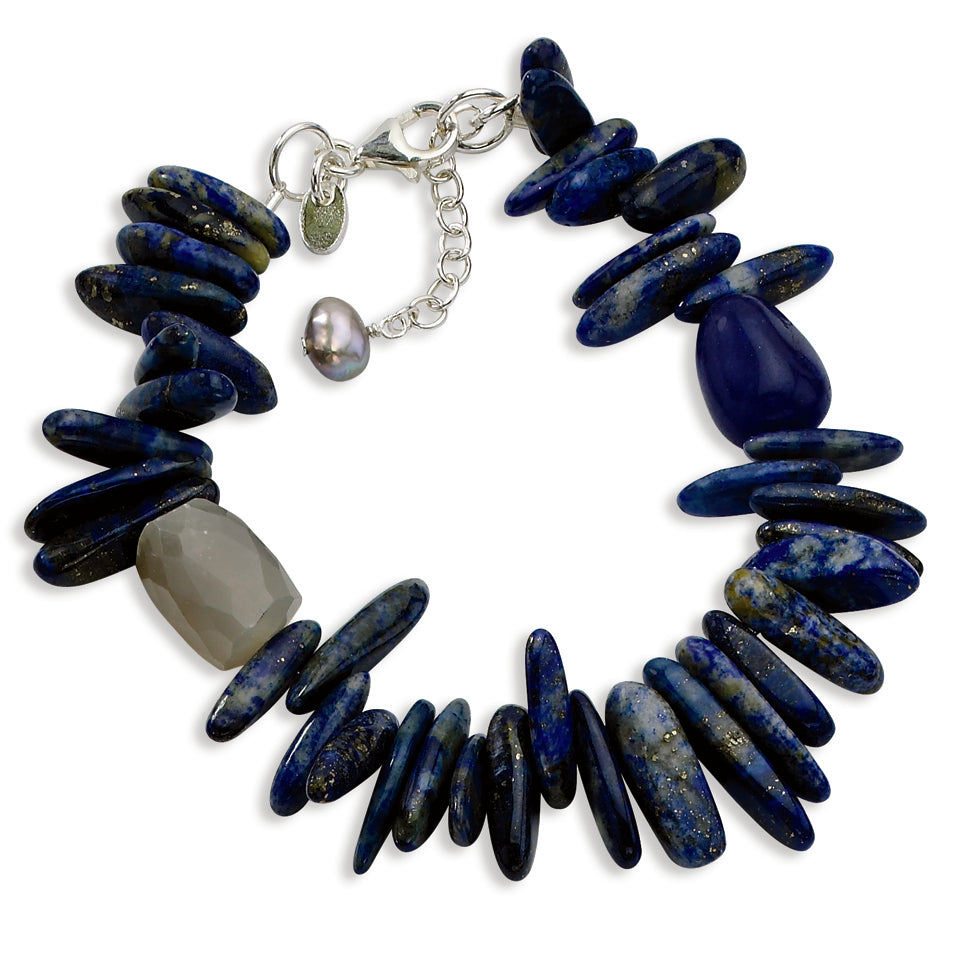 Sterling Silver Aventurine, Lapis, Moonstone & FW Cult. Pearl Bracelet