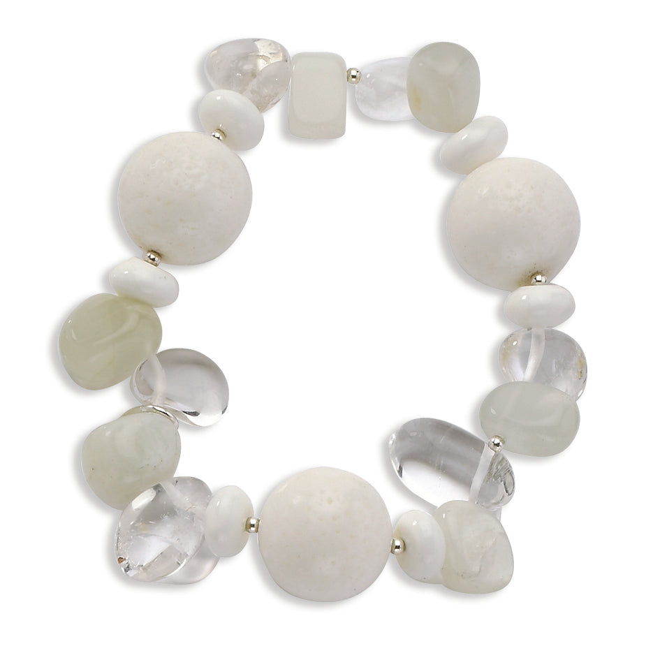 Sterling Silver Coral-Jade-Moonstone-Rock Quartz Stretch Bracelet