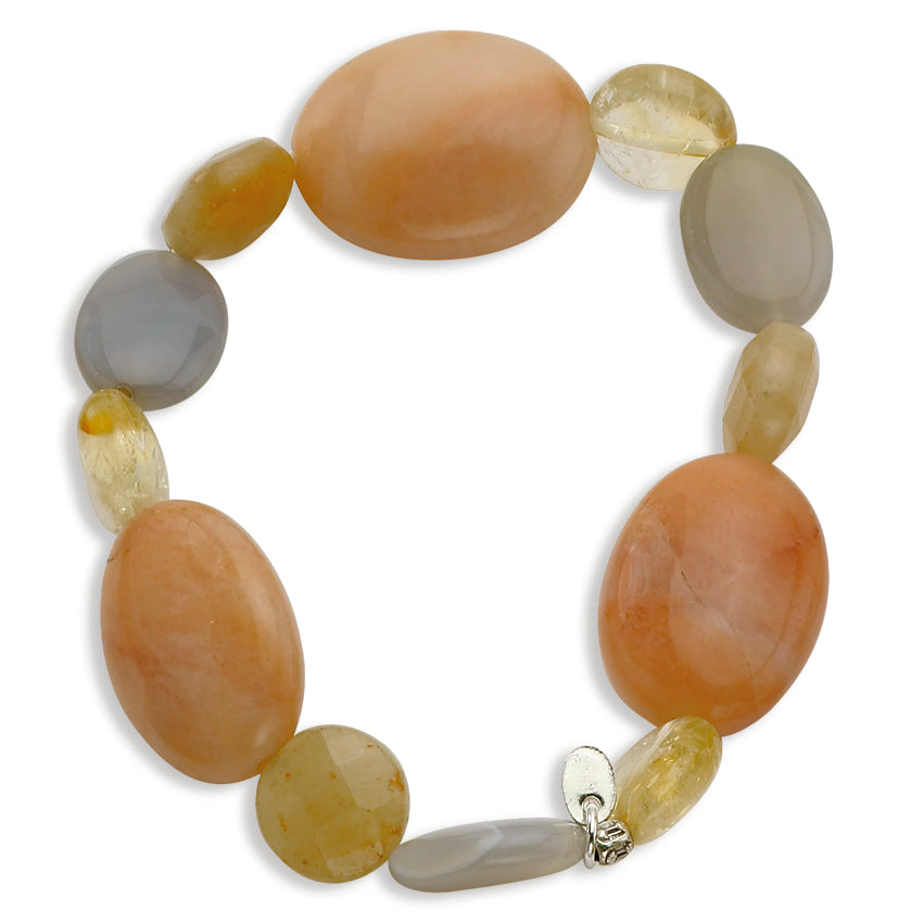 Sterling Silver Agate, Aventurine, Citrine & Sun Stone Stretch Bracelet