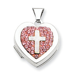 Sterling Silver 15mm Heart Cross Light Rose Crystal Locket