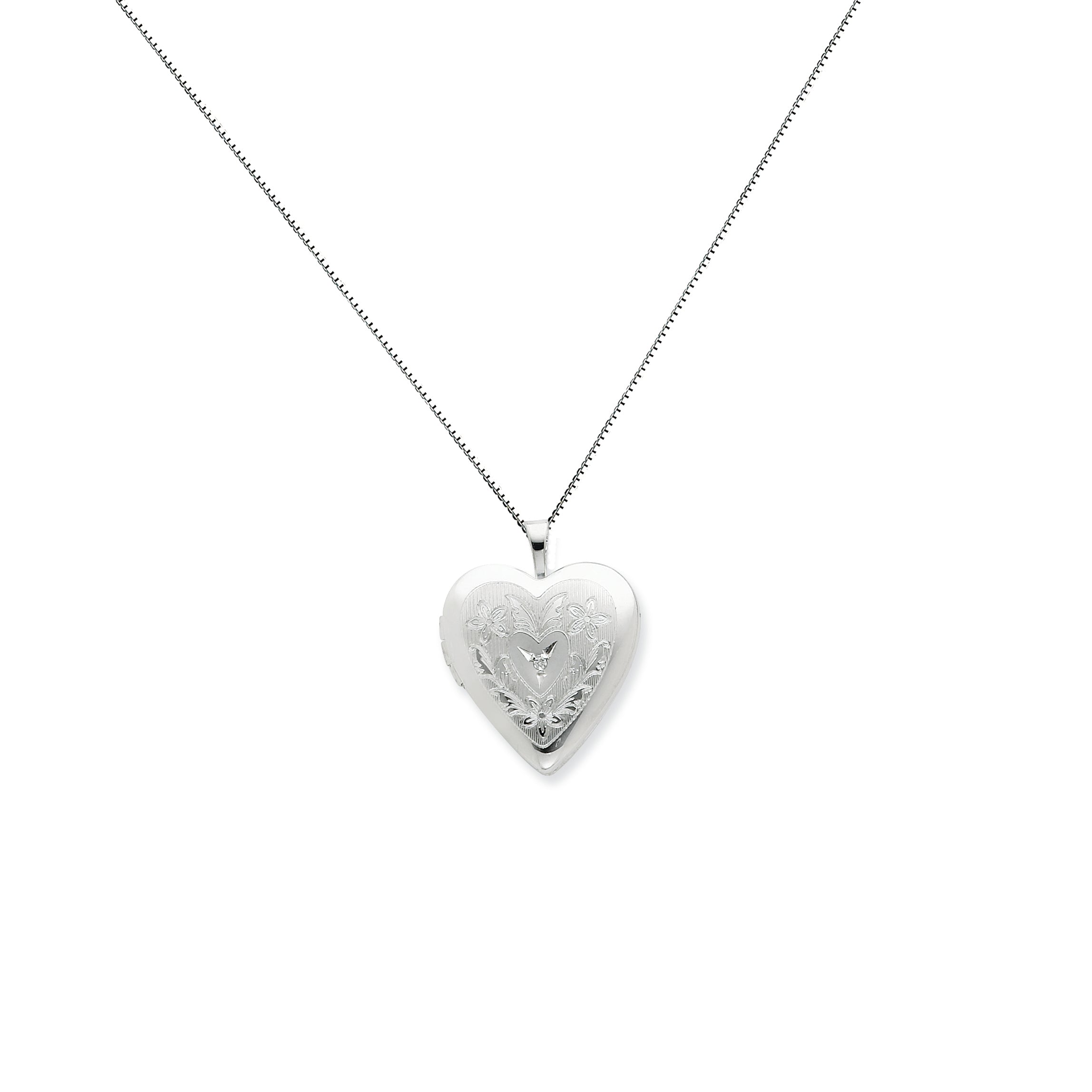 Sterling Silver 20mm Heart & Flowers Diamond Heart Locket
