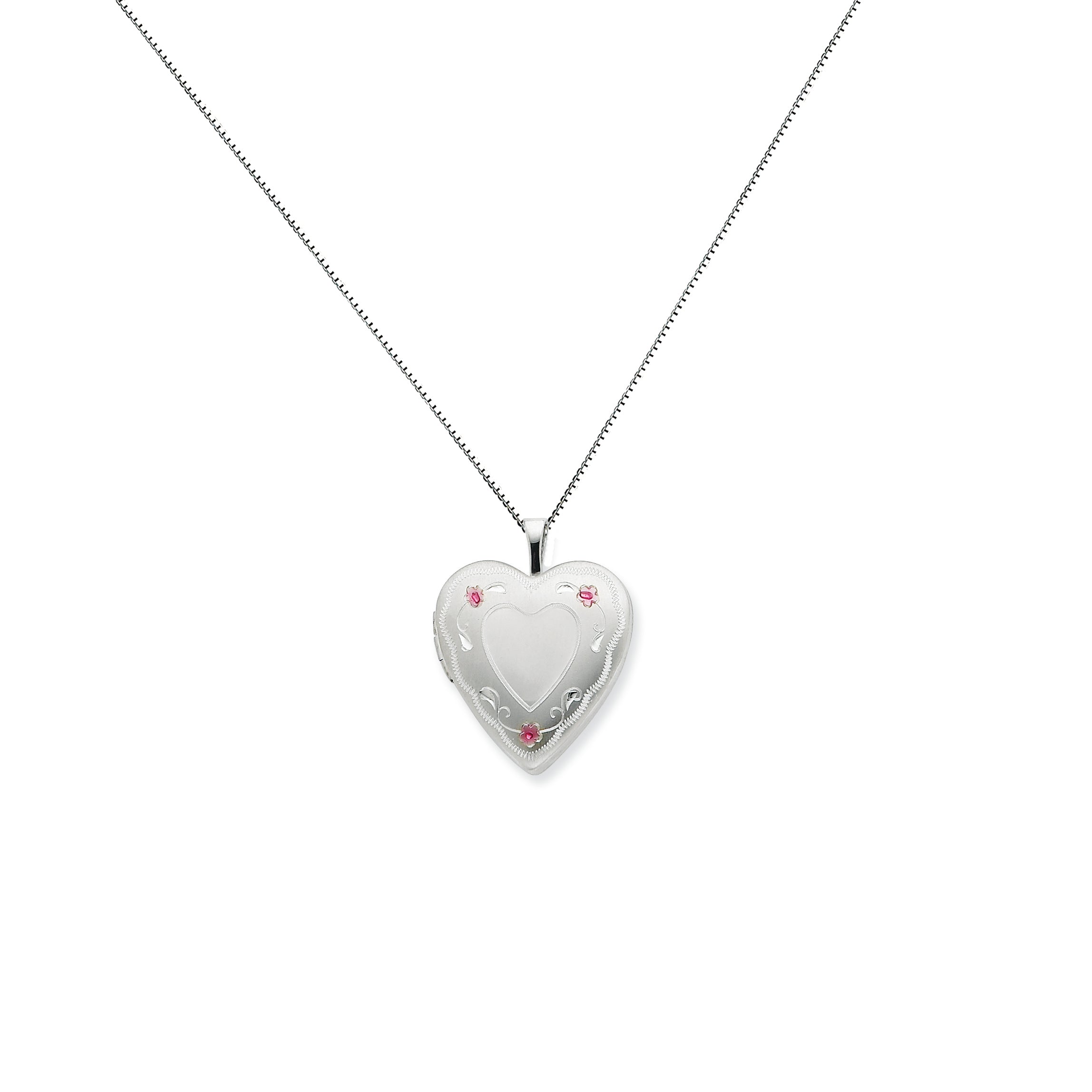 Sterling Silver 20mm Enameled Roses Heart Locket
