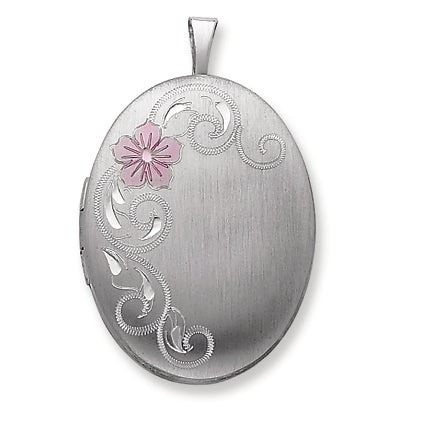 Sterling Silver 20mm Enameled Flower and Scroll Oval Locket