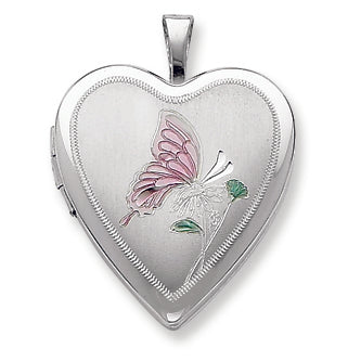Sterling Silver 20mm Enameled Butterfly Heart Locket