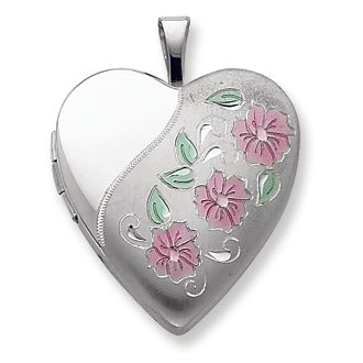 Sterling Silver 20mm Enameled Flowers Heart Locket