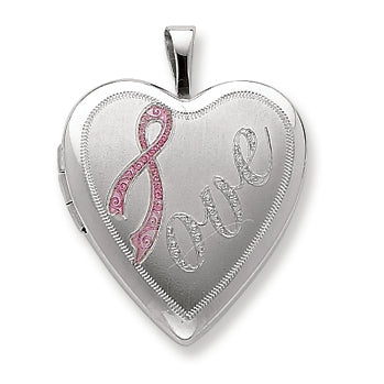 Sterling Silver 20mm Satin Pink Ribbon Love Heart Locket