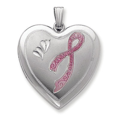 Sterling Silver 24mm Enameled, D-C Pink Ribbon Heart Locket