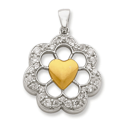 Sterling Silver & Vermeil Round Floral Heart CZ Pendant